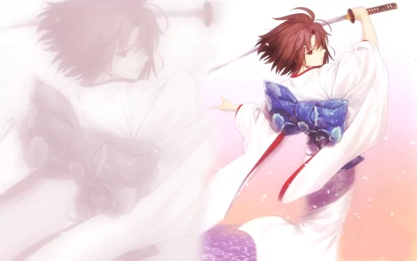 A dynamic HD wallpaper featuring an anime character from Kara no Kyōkai, clad in traditional attire, wielding a sword against a colorful backdrop.