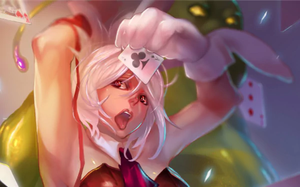 A vibrant HD wallpaper featuring Zac and Riven from League of Legends. Riven, with white hair and wearing a tie, playfully interacts with cards, set in a colorful, dynamic background.