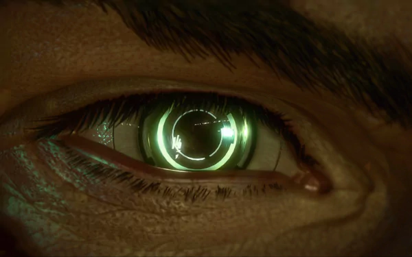 Close-up of a human eye with a glowing, futuristic mechanical interface, capturing the cybernetic theme of Deus Ex: Human Revolution in HD PC desktop wallpaper quality.