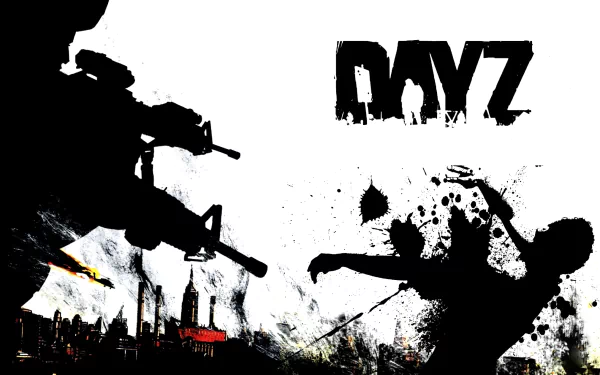 HD PC desktop wallpaper: DayZ logo with a silhouetted soldier firing at a lunging zombie over a splattered city skyline — video game art from Arma 2: DayZ Mod.