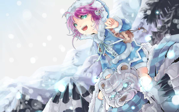 HD PC desktop wallpaper featuring Annie and her fiery bear Tibbers from the video game League of Legends in a snowy, mystical setting.