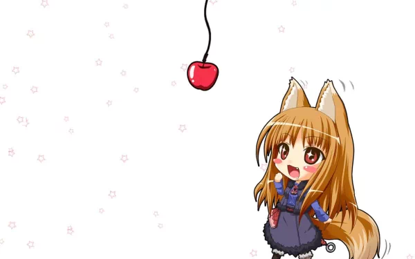 A playful Holo from Spice & Wolf, depicted in vibrant HD, reaches for a red apple dangling above her. This charming anime image serves as a delightful desktop wallpaper background.