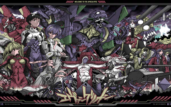 A vibrant HD wallpaper featuring characters from Neon Genesis Evangelion, including Kaworu Nagisa, Asuka Langley Sohryu, Rei Ayanami, and Shinji Ikari, amidst dynamic action scenes.