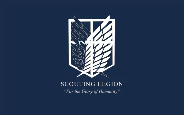 HD desktop wallpaper featuring the emblem of the Scouting Legion from Attack on Titan with the motto For the Glory of Humanity on a dark blue background.