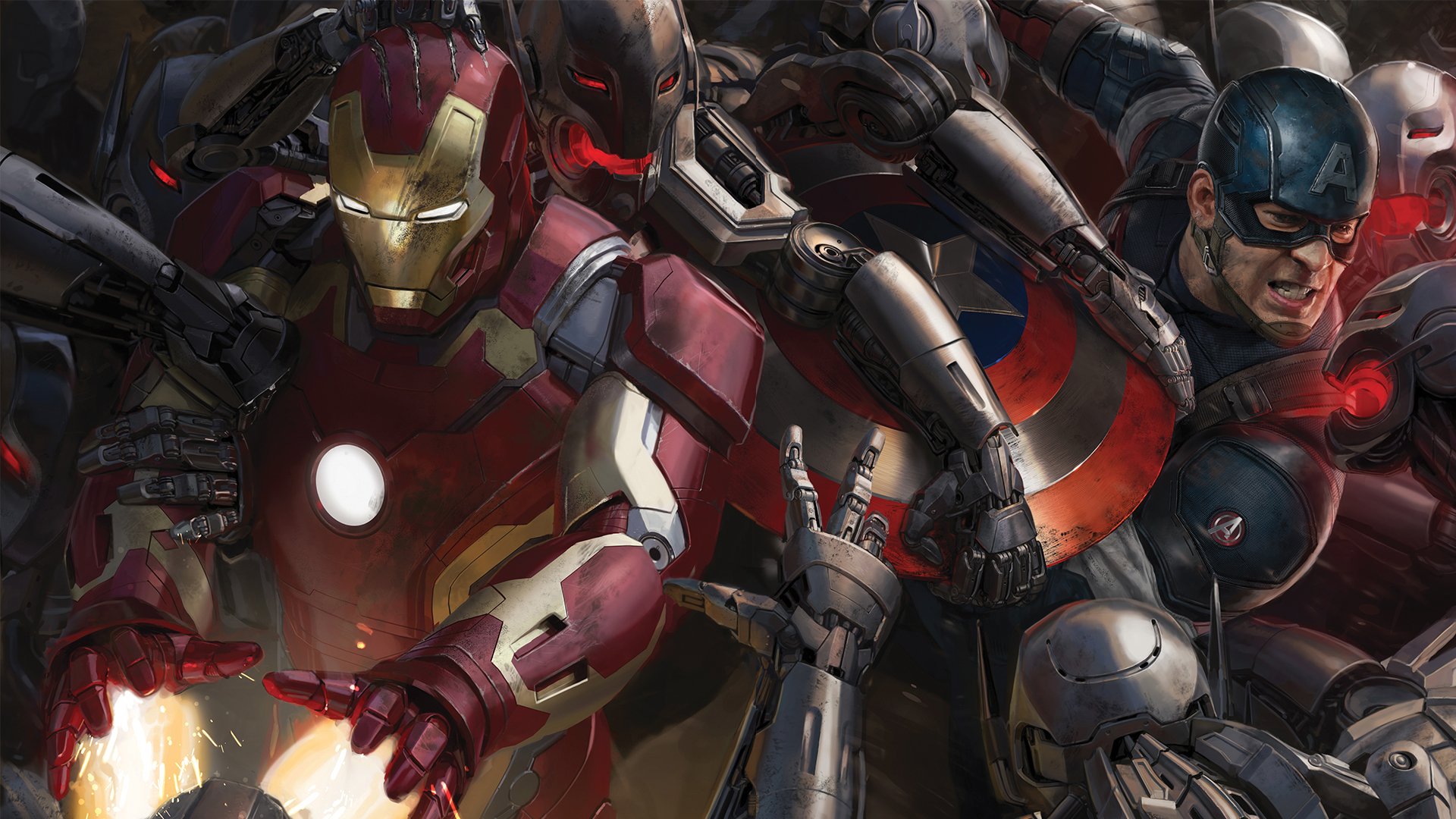 HD PC desktop wallpaper featuring Captain America and Iron Man from the movie Avengers: Age of Ultron in dynamic battle poses.