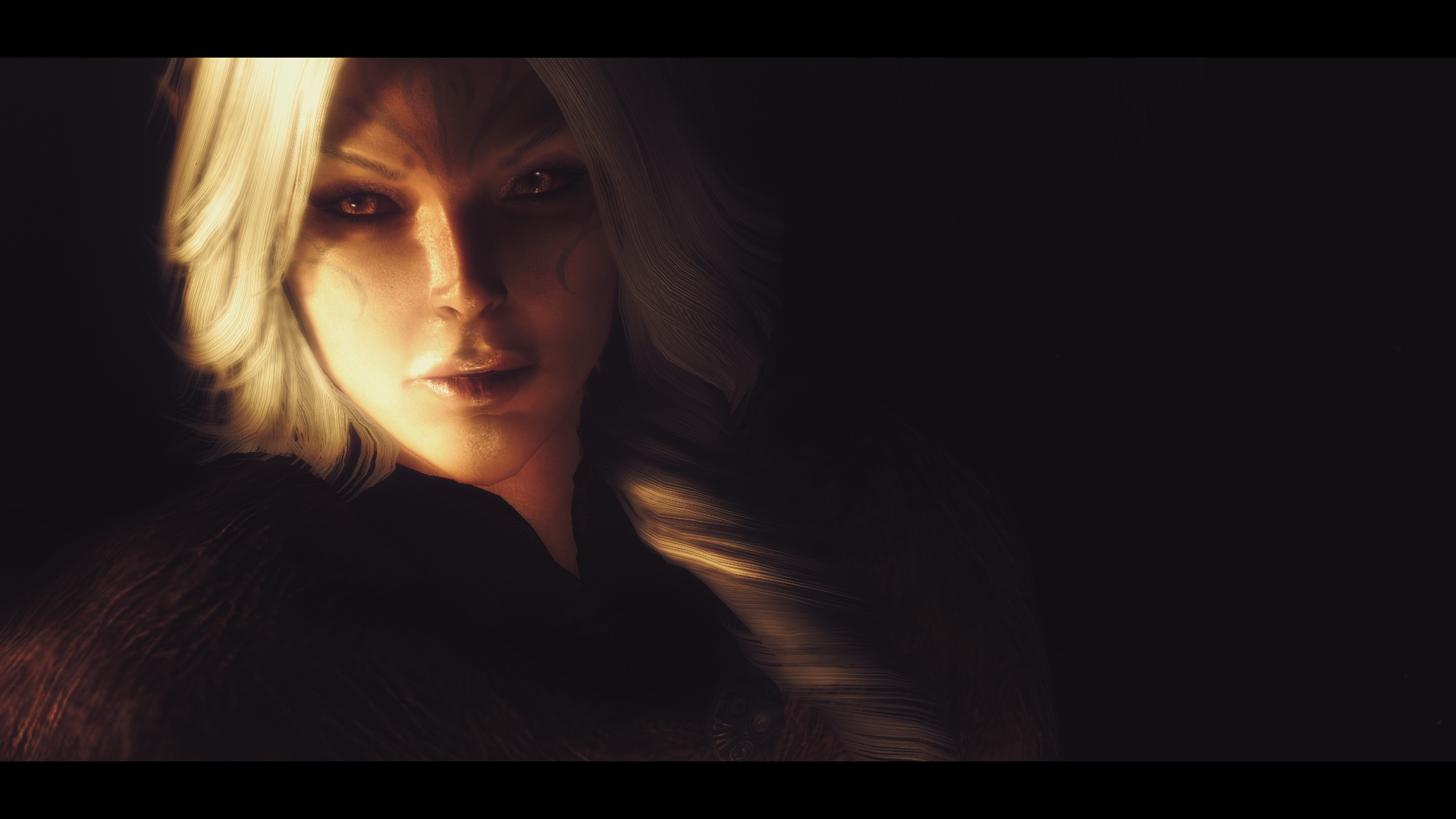 A captivating character from The Elder Scrolls V: Skyrim, portrayed in a dramatic close-up against a dark background, showcasing striking features and intense expression.