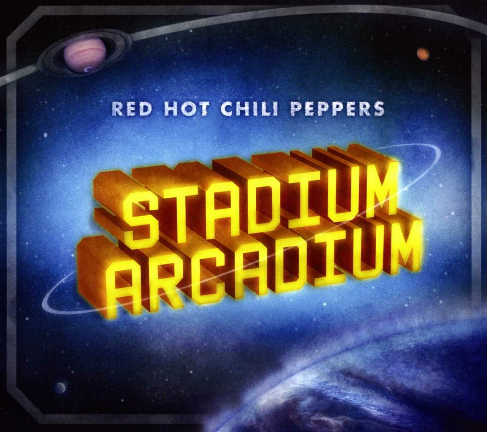 HD PC desktop wallpaper featuring the Red Hot Chili Peppers' Stadium Arcadium title in bold, glowing 3D text against a cosmic blue background.
