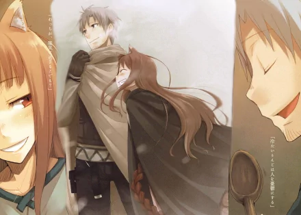HD desktop wallpaper featuring kemonomimi characters Kraft Lawrence and Holo from the anime Spice and Wolf. The image showcases them smiling and enjoying each other's company.