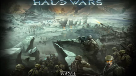HD PC desktop wallpaper featuring an intense battlefield scene from the video game Halo Wars with soldiers advancing amid rugged terrain and explosions.