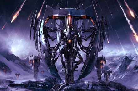 HD PC desktop wallpaper featuring a futuristic mechanical figure with wings amid a snowy mountainous landscape and fiery meteors, inspired by the band Trivium.