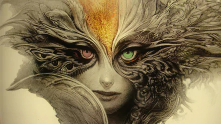 HD fantasy PC wallpaper featuring a surreal woman with intricate, nature-inspired patterns blending into her face, one eye green and one eye brown.