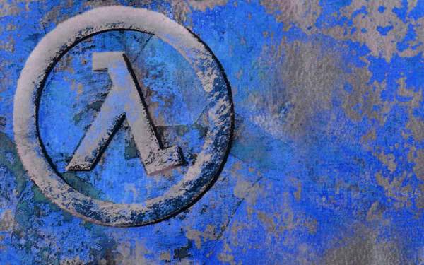 HD PC desktop wallpaper for the video game Half-Life: Blue Shift, featuring a worn blue metal texture and a distressed Lambda logo emblem.