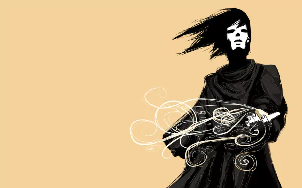 HD PC desktop wallpaper of Dream (The Sandman) comic: pale, cloaked figure with windblown hair holding swirling white dream smoke against a warm beige background.