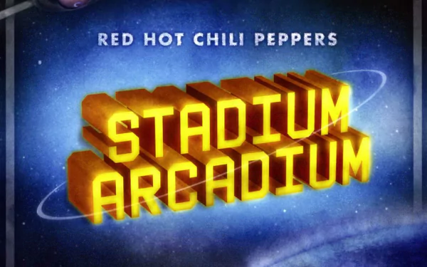 HD PC desktop wallpaper featuring the Red Hot Chili Peppers' Stadium Arcadium title in bold, glowing 3D text against a cosmic blue background.