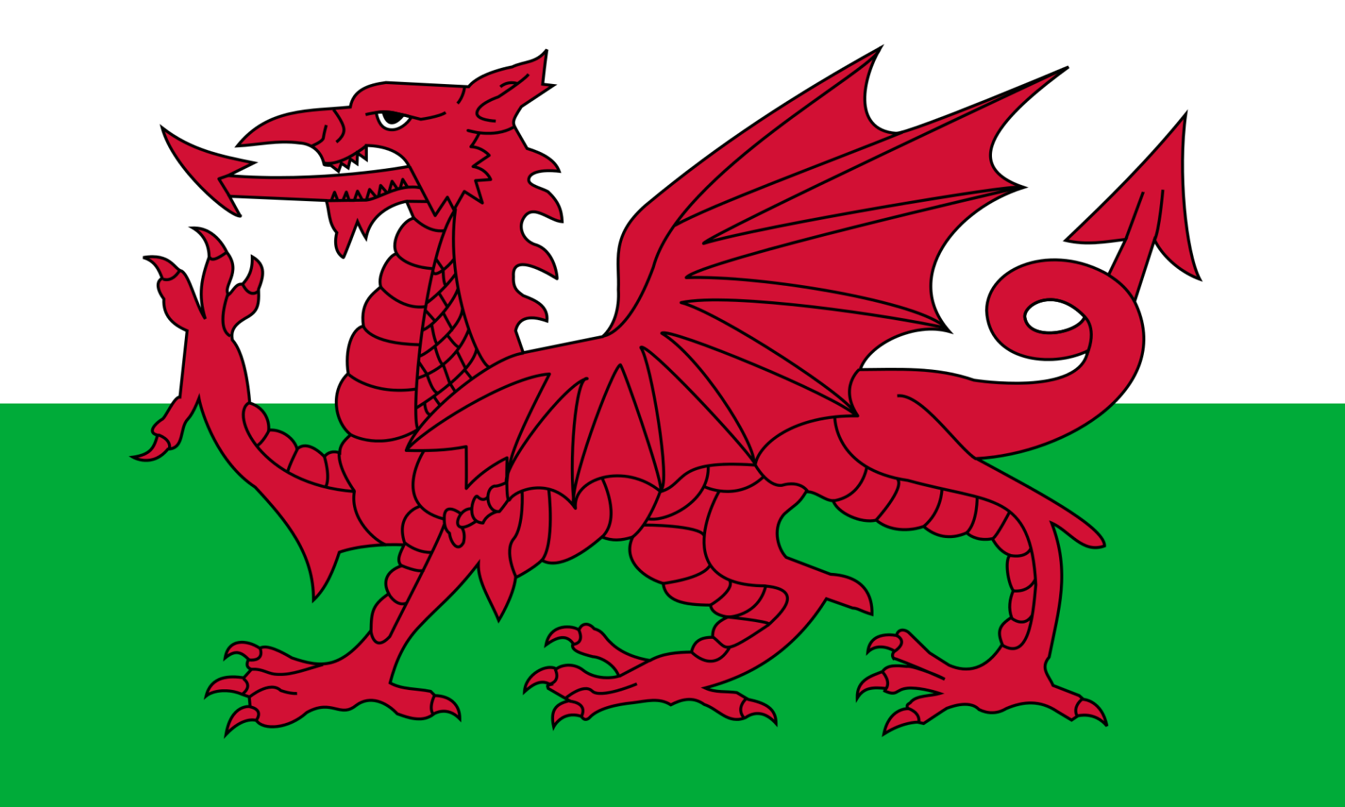 HD PC desktop wallpaper showing the Flag of Wales: white over green bicolor with a large red Welsh dragon rampant.