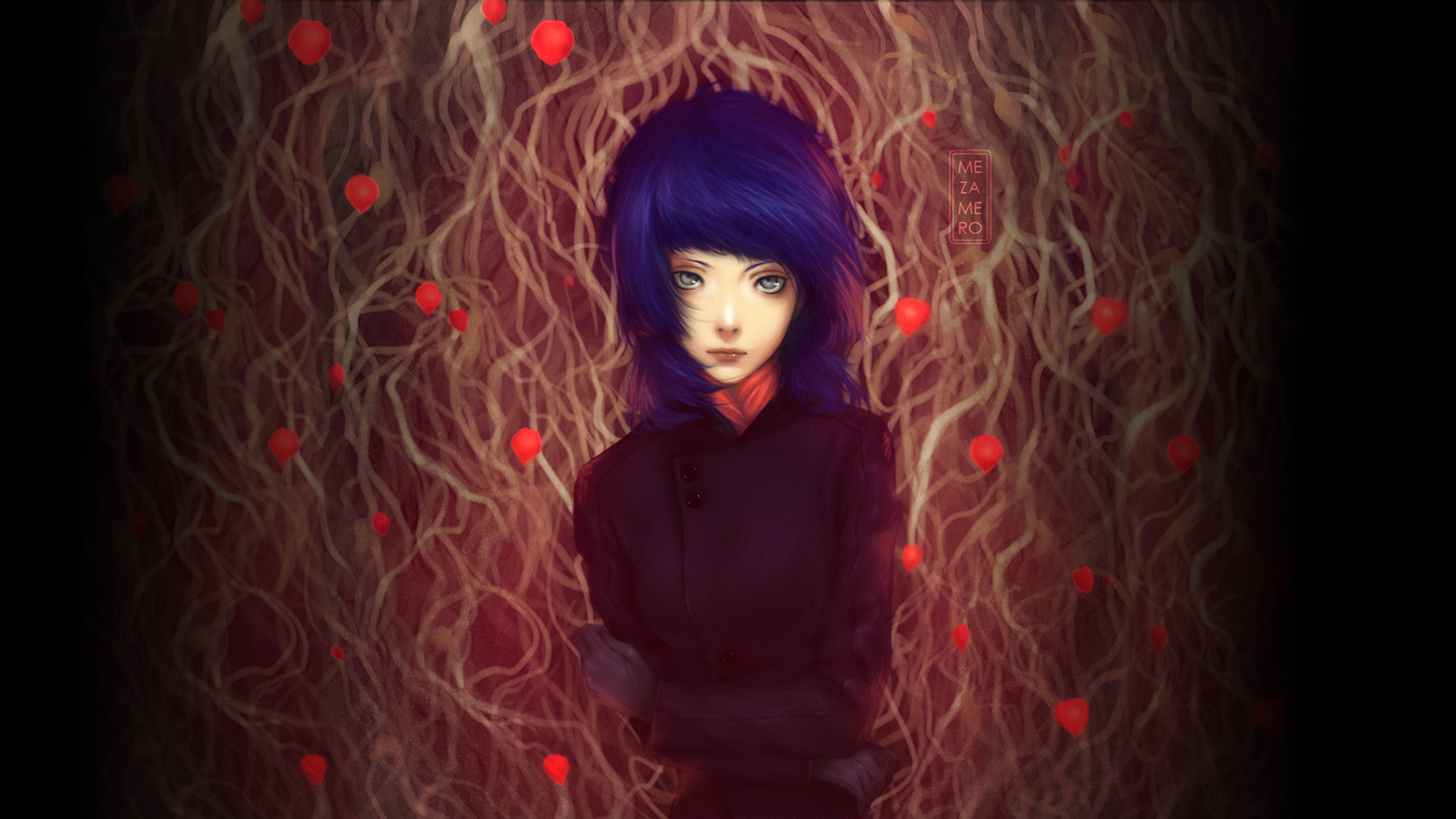 Anime-style original artwork of a mysterious figure with blue hair against a tangled, glowing red and brown background, designed as an HD PC desktop wallpaper.