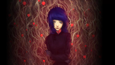 Anime-style original artwork of a mysterious figure with blue hair against a tangled, glowing red and brown background, designed as an HD PC desktop wallpaper.