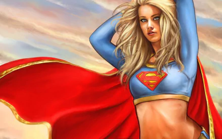 HD PC desktop wallpaper featuring a detailed comic-style illustration of Supergirl with flowing blonde hair and her iconic red cape against a cloudy sky backdrop.