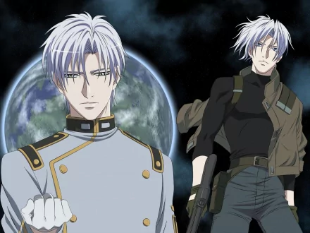 HD PC desktop wallpaper featuring two characters from the anime Jyu Oh Sei, set against a dark background with a large planet Earth behind them.