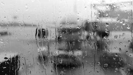 A close-up view of rain-soaked glass with droplets, creating a blurred backdrop of figures and vehicles. This striking black-and-white photography serves as a captivating HD desktop wallpaper.