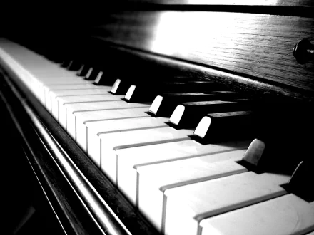 HD desktop wallpaper showcasing a close-up, black-and-white view of piano keys, highlighting the elegance of music and the instrument's texture.