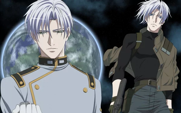 HD PC desktop wallpaper featuring two characters from the anime Jyu Oh Sei, set against a dark background with a large planet Earth behind them.