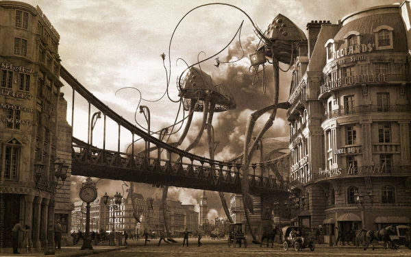 HD desktop wallpaper from War of the Worlds featuring alien tripods attacking a vintage cityscape with intricate architecture and a bridge.