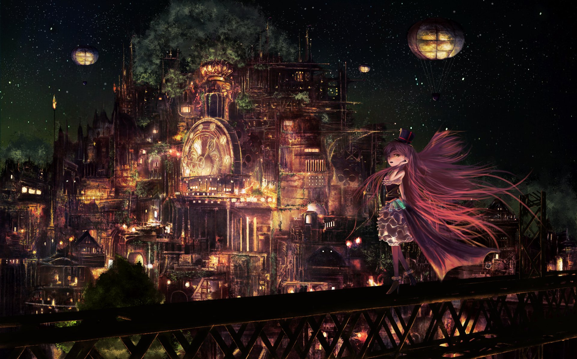 A captivating anime cityscape at night, illuminated by colorful lights and intricate architecture, features a figure with flowing hair standing on a bridge against a starry sky.