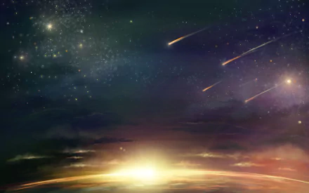 A stunning HD anime wallpaper featuring shooting stars against a cosmic backdrop, showcasing a colorful sunrise over the horizon.