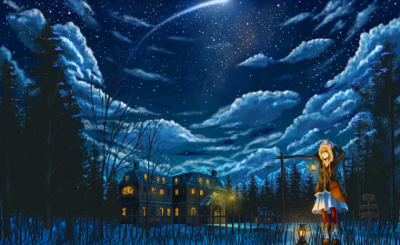 Anime-style HD desktop wallpaper depicting a night scene from Pixiv Fantasia: New World, featuring a starry sky with a shooting star above a lit house and a character standing nearby.