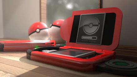 HD PC desktop wallpaper featuring a close-up of a Pokédex and Pokéballs from the Pokémon video game series on a softly lit surface.