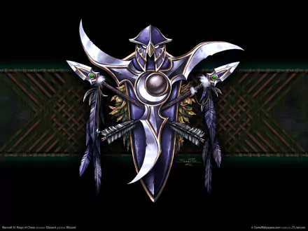 A striking HD wallpaper featuring an elaborate emblem with armor and weapons, inspired by the fantasy realm of World of Warcraft, set against a dark background.