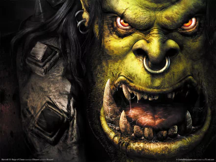A fierce green orc with piercing orange eyes and sharp teeth, showcasing powerful detail, serves as an engaging HD wallpaper for fans of the video game World of Warcraft.