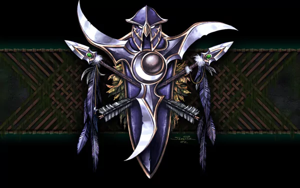 A striking HD wallpaper featuring an elaborate emblem with armor and weapons, inspired by the fantasy realm of World of Warcraft, set against a dark background.