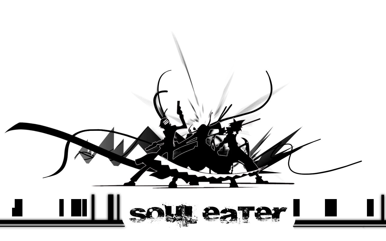 Minimalist black and white Soul Eater anime HD desktop wallpaper featuring dynamic, abstract character silhouettes and sharp geometric accents.