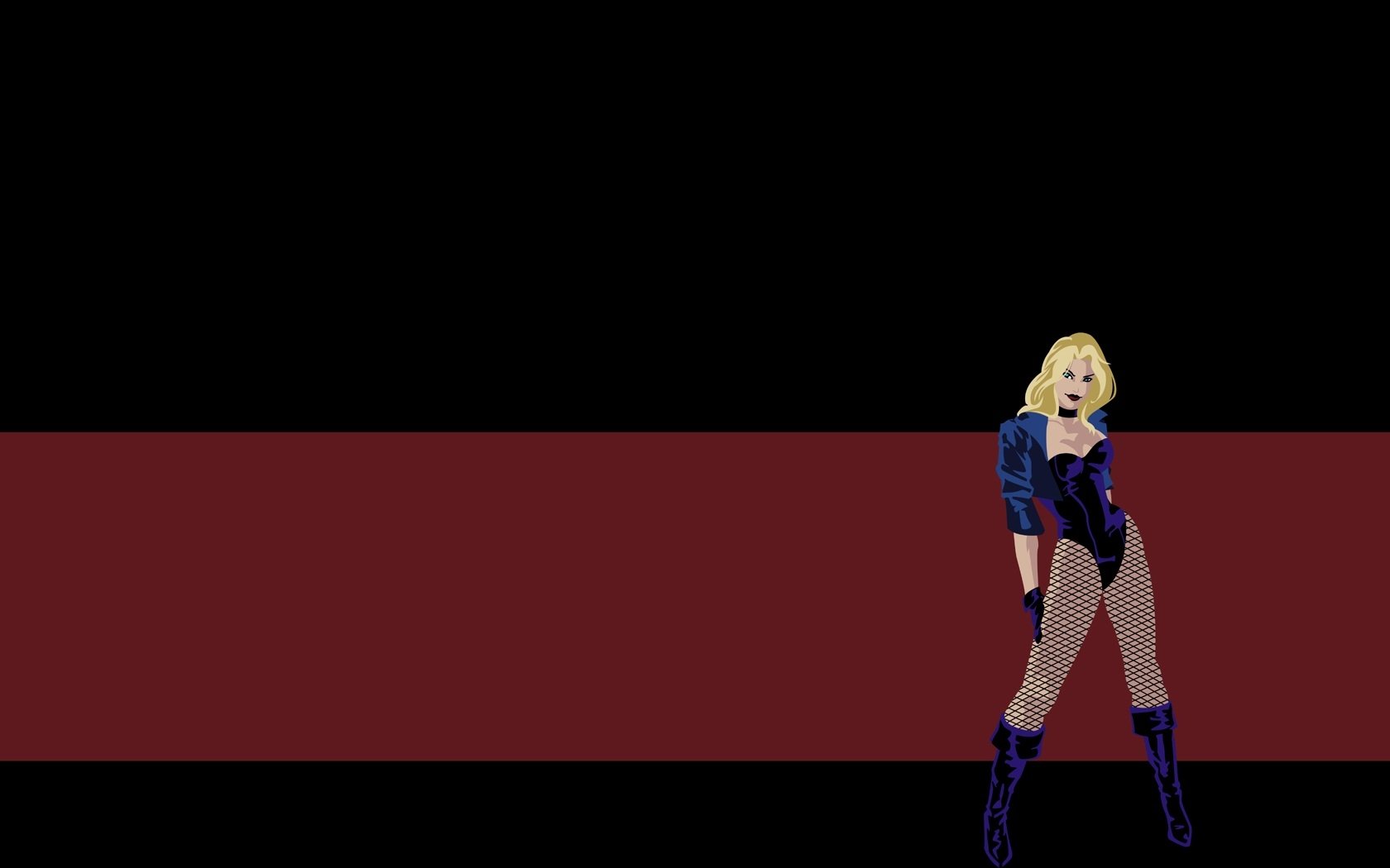 Comic-style Black Canary in fishnet stockings and leather jacket posed against a broad maroon stripe on a black field — HD PC desktop wallpaper.