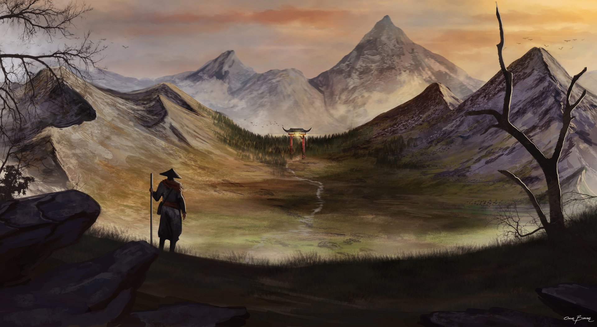 Fantasy landscape 2K Quad HD PC desktop wallpaper and background: lone traveler with staff overlooks a misty valley leading to a glowing horned shrine beneath jagged dusk mountains.