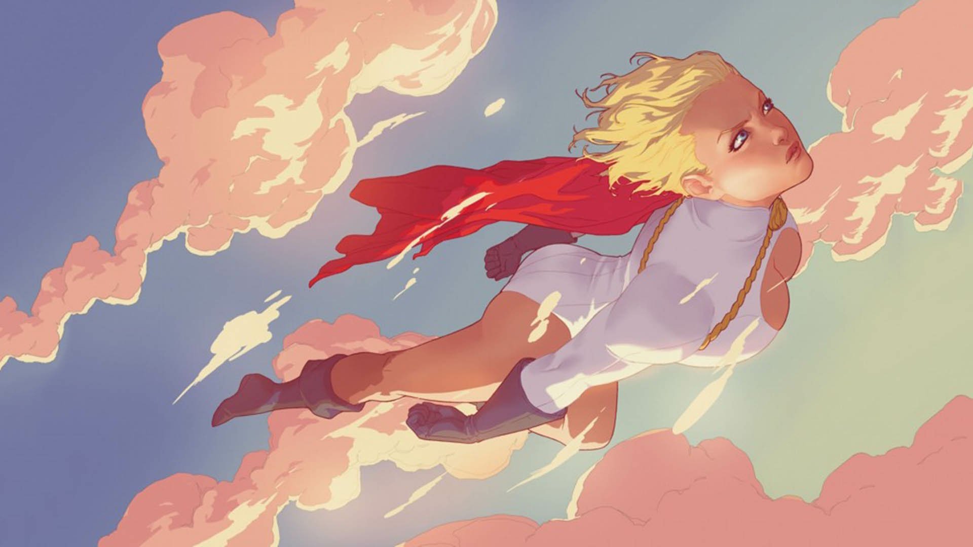 HD PC desktop wallpaper featuring Power Girl soaring through a colorful sky with flowing cape and windswept hair in a dynamic comic-style illustration.
