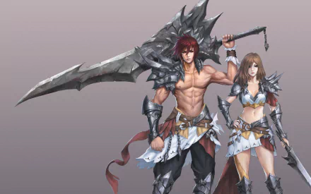 Fantasy warrior duo, a muscular male with a massive jagged sword and a female warrior in armor, posed confidently against a muted background in a detailed HD PC desktop wallpaper.