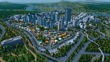 HD desktop wallpaper of Cities: Skylines game showing a detailed virtual cityscape with skyscrapers, roads, and green areas.