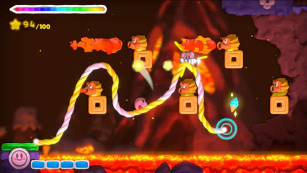 HD desktop wallpaper from Kirby and the Rainbow Curse, featuring Kirby in an action-packed lava level scene.