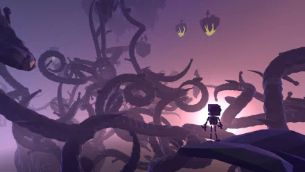HD wallpaper featuring a character from Grow Home game amidst twilight-hued giant plants.