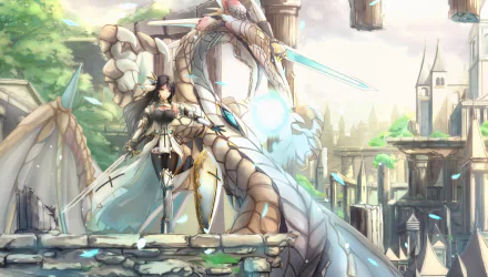 A fierce warrior stands confidently in a ruined city, wielding a sword beside a majestic dragon. This captivating original anime artwork showcases a vibrant, high-definition scene.