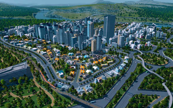 HD desktop wallpaper of Cities: Skylines game showing a detailed virtual cityscape with skyscrapers, roads, and green areas.