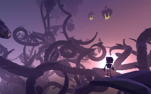 HD wallpaper featuring a character from Grow Home game amidst twilight-hued giant plants.