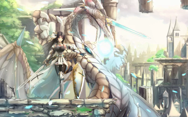 A fierce warrior stands confidently in a ruined city, wielding a sword beside a majestic dragon. This captivating original anime artwork showcases a vibrant, high-definition scene.