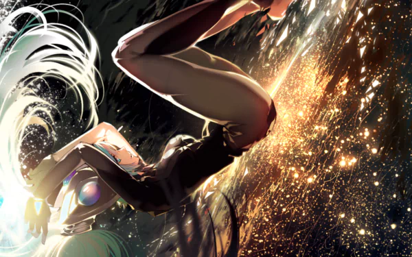 A striking HD wallpaper featuring DJ Sona from League of Legends, depicted in a dynamic pose wearing a bodysuit, surrounded by cosmic sparkles and vibrant colors.