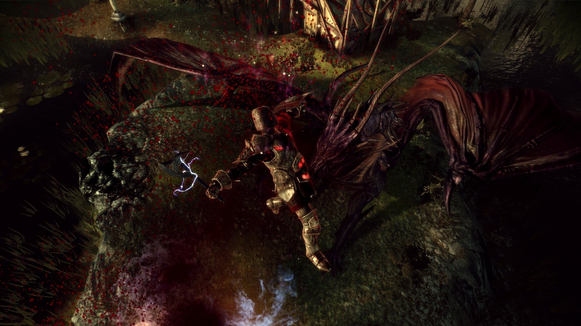 HD PC desktop wallpaper featuring a dark, intense battle scene from the video game Dragon Age: Origins with a warrior confronting a dragon.