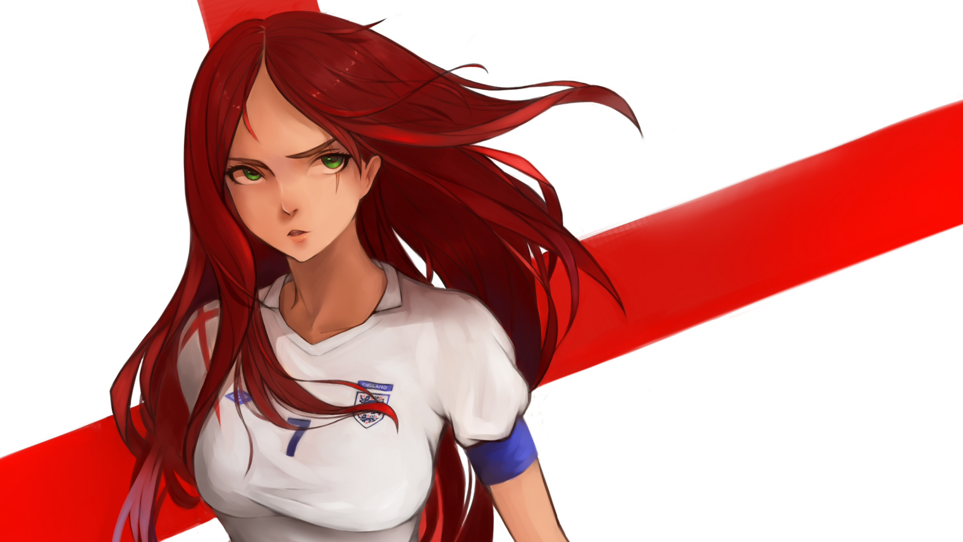 Katarina from League of Legends, featuring her distinct red hair and a scar, is portrayed in a soccer uniform, blending gaming and sport in this HD desktop wallpaper.