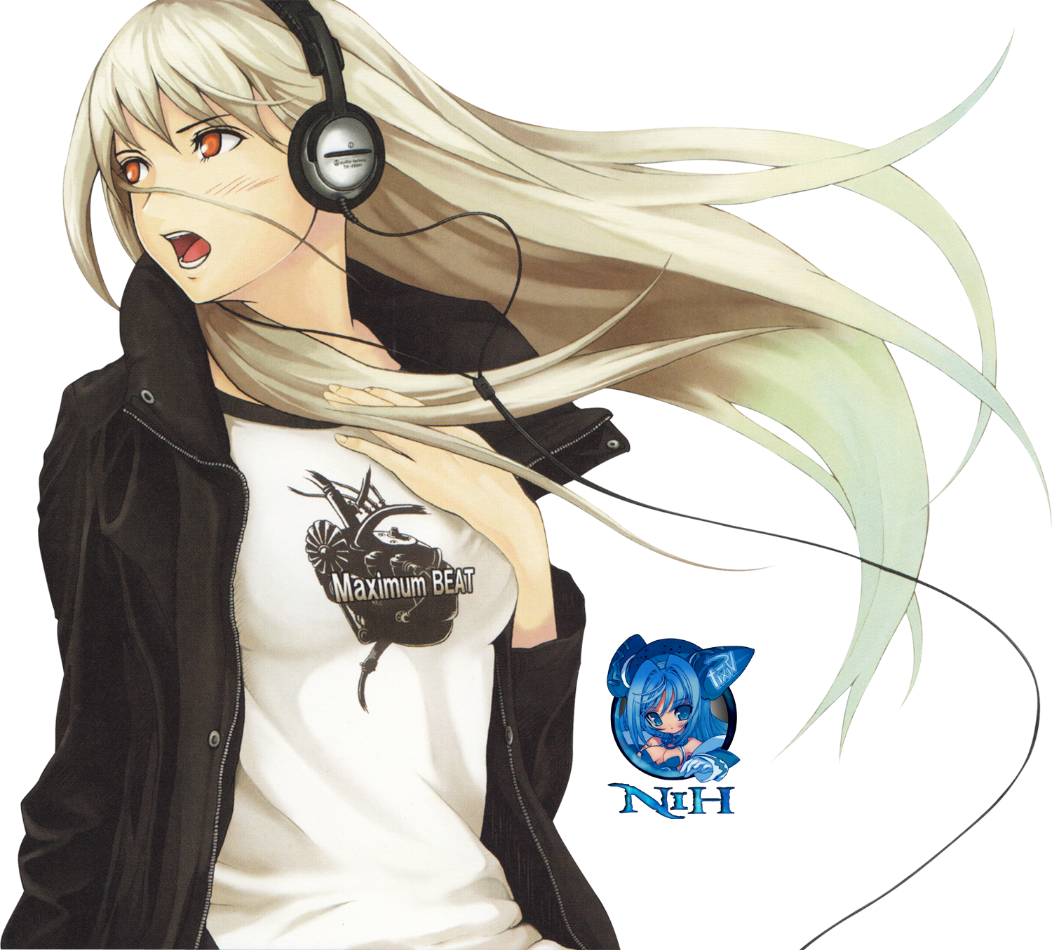 Anime girl with long blonde hair and headphones, wearing a Maximum BET tee and black jacket, dynamic pose against colorful pixels — HD PC desktop wallpaper/background, Beatmania video game.